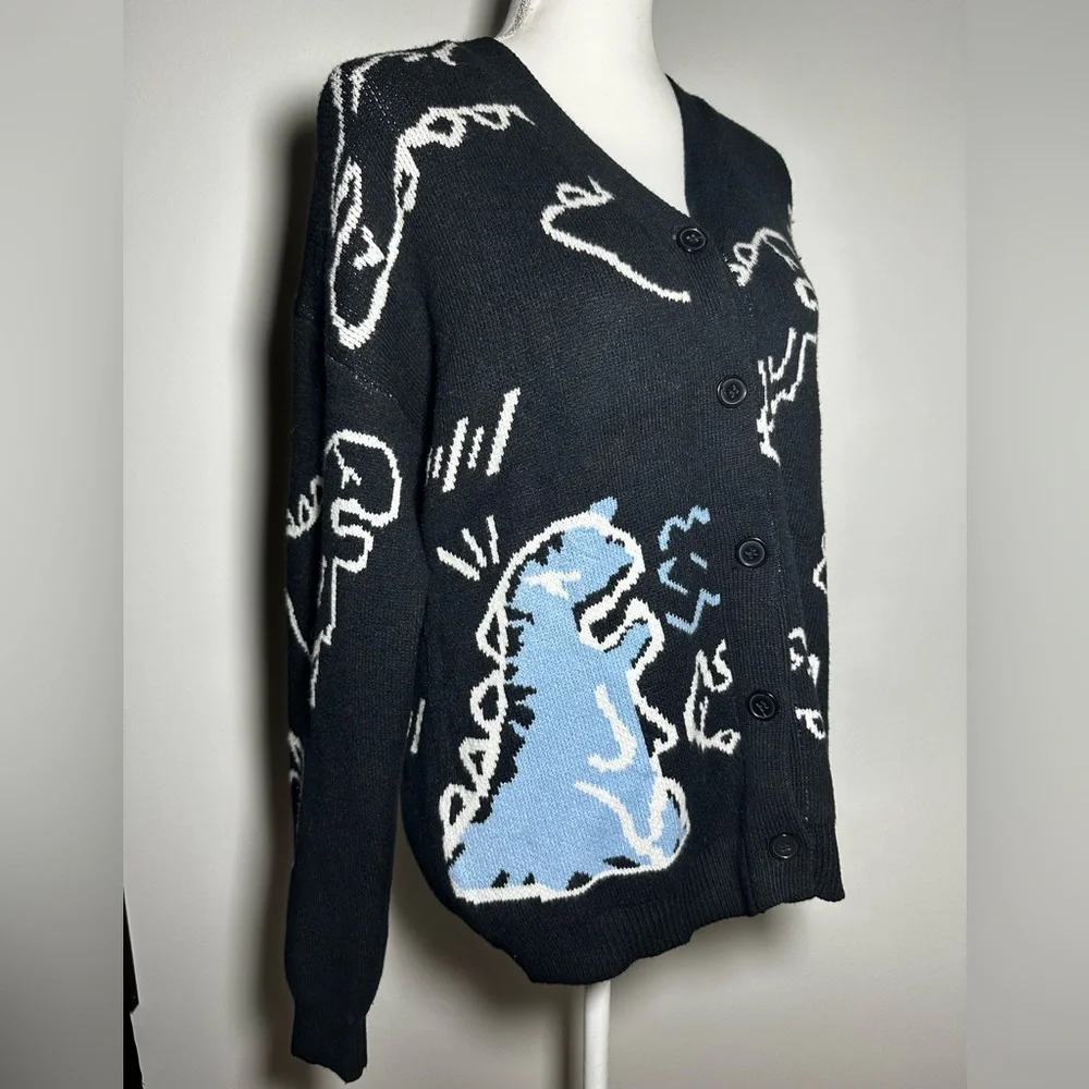 Cute Kawaii Cartoon Dinosaur Print Long Sleeve Loose Knitted Cardigan w Buttons - Picture 3 of 11